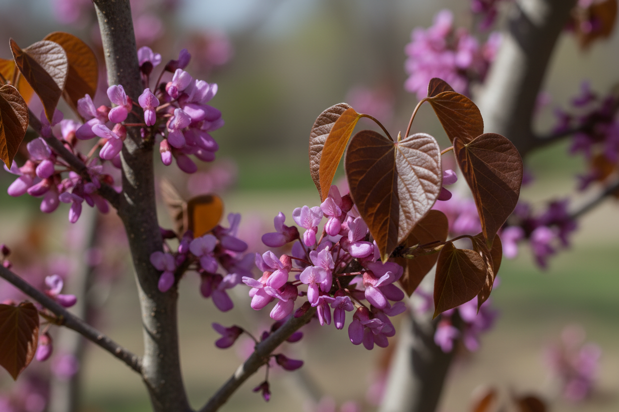 Kanadischer Judasbaum 'Merlot' - Blüten- und Laubdetail